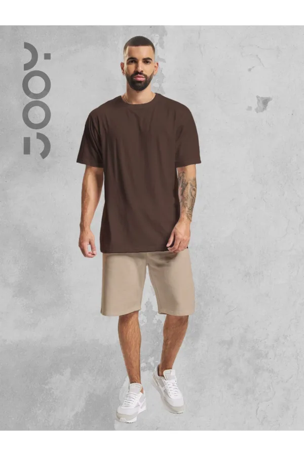 Kahverengi Oversize Tshirt - Bej Penye Şort Takım - M-alttext2