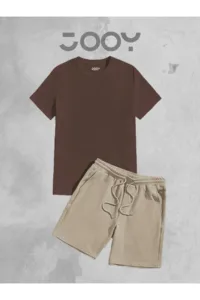 Kahverengi Oversize Tshirt - Bej Penye Şort Takım-alttext1