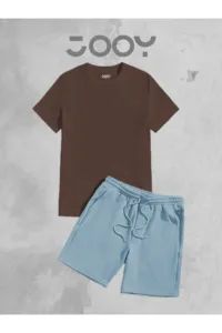 Kahverengi Oversize Tshirt - Mavi Penye Şort Takım-alttext1