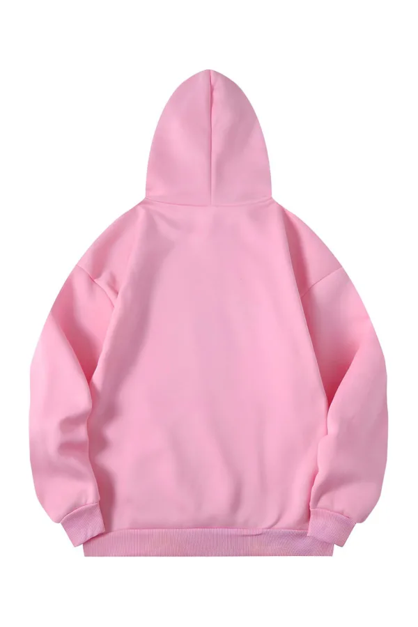 Kalp Baskılı 3 iplik Pembe Kapüşonlu Sweatshirt - L-alttext2