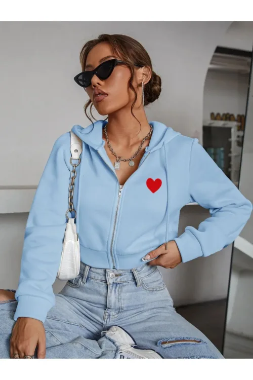 Kalp Baskılı Bebe Mavi 3 iplik Kapüşonlu Crop Hırka Ceket