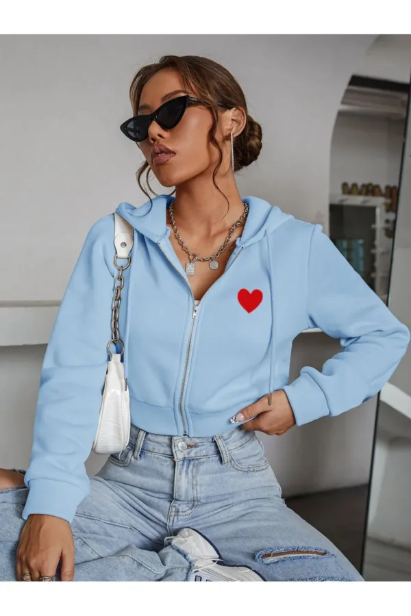 Kalp Baskılı Bebe Mavi 3 iplik Kapüşonlu Crop Hırka Ceket-alttext1