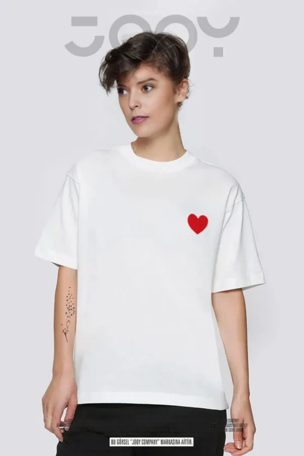 Kalp Baskılı Beyaz Oversize Tshirt - L-alttext1