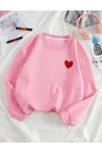 Kalp Baskılı Pembe Bisiklet Yaka Oversize Sweatshirt-alttext1