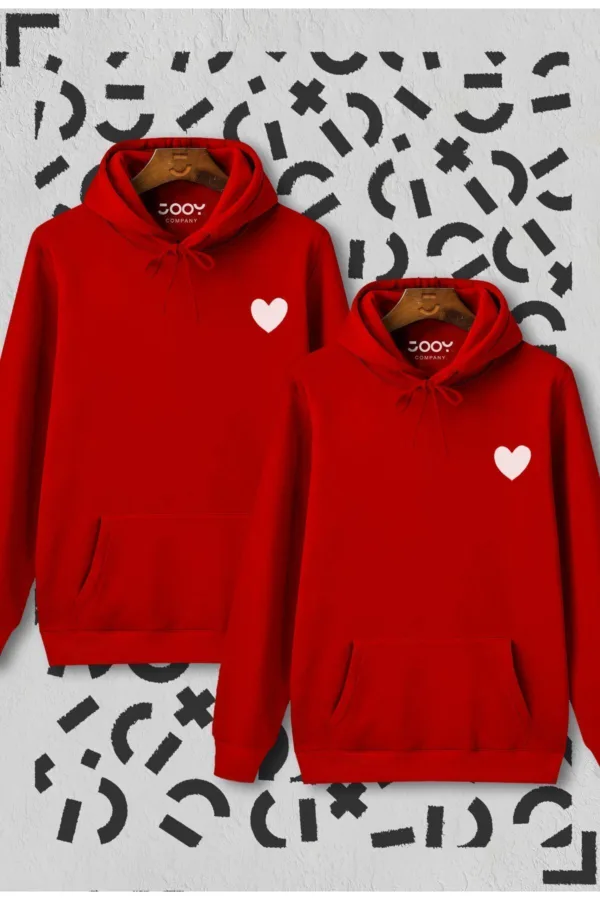 Kalp Baskılı Sevgili Çift Kombini Kırmızı Kapüşonlu Sweatshirt 2'li Set - S/S-alttext1