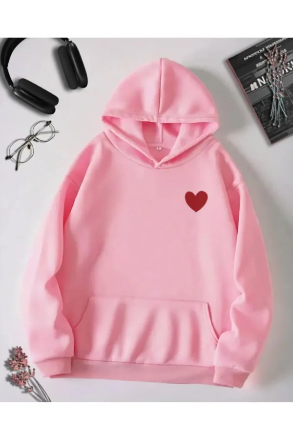 Kalp Baskılı Sevgili Çift Kombini Pembe Kapüşonlu Sweatshirt 2'li Set - L-alttext4