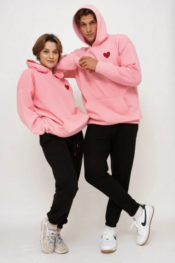 Kalp Baskılı Sevgili Çift Kombini Pembe Kapüşonlu Sweatshirt 2'li Set - L-alttext1