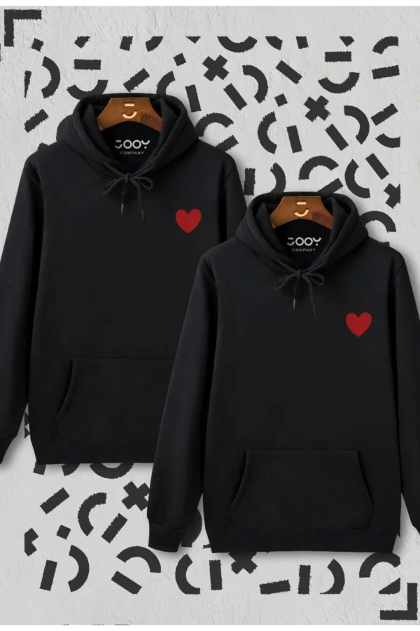 Kalp Baskılı Sevgili Çift Kombini Siyah Kapüşonlu Sweatshirt 2'li Set - M/M-alttext1