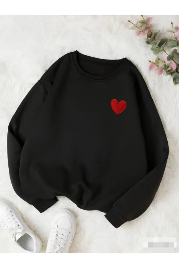 Kalp Baskılı Siyah Bisiklet Yaka Oversize Sweatshirt - L-alttext1