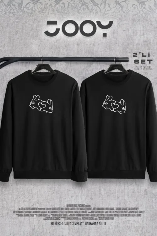 Kalp El Baskılı Sevgili Çift Kombini Bisiklet Yaka Sweatshirt 2’li Set