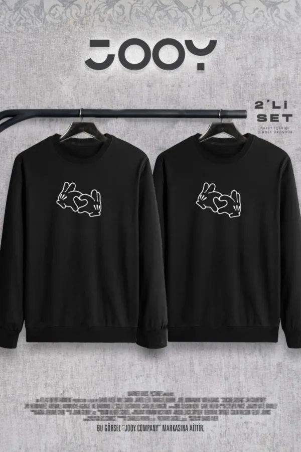 Kalp El Baskılı Sevgili Çift Kombini Bisiklet Yaka Sweatshirt 2'li Set - M/XL-alttext1