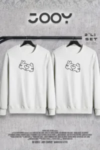 Kalp El Baskılı Sevgili Çift Kombini Bisiklet Yaka Sweatshirt 2'li Set-alttext1