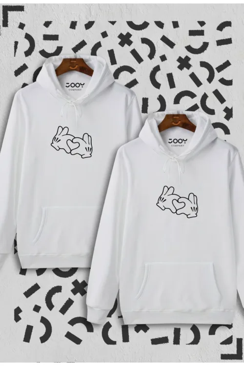 Kalp El Tasarım Sevgili Çift Kombini Beyaz Kapüşonlu Sweatshirt
