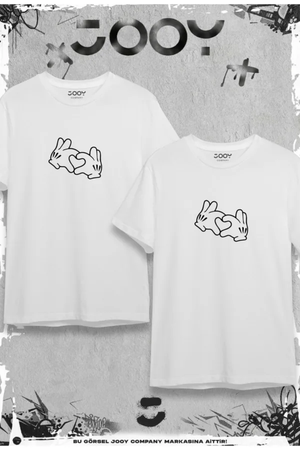 Kalp El Tasarım Sevgili Çift Kombini Beyaz Oversize Tshirt 2'li Set - L-alttext1