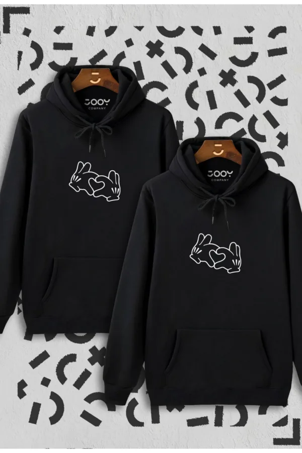 Kalp El Tasarım Sevgili Çift Kombini Siyah Kapüşonlu Sweatshirt - XL-alttext1