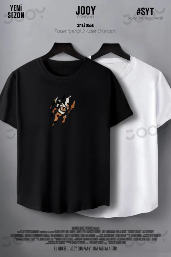 Kaplan Pençesi Baskılı Siyah Beyaz Oval Kesim Slim Fit Tshirt 2'li Set - S-alttext2