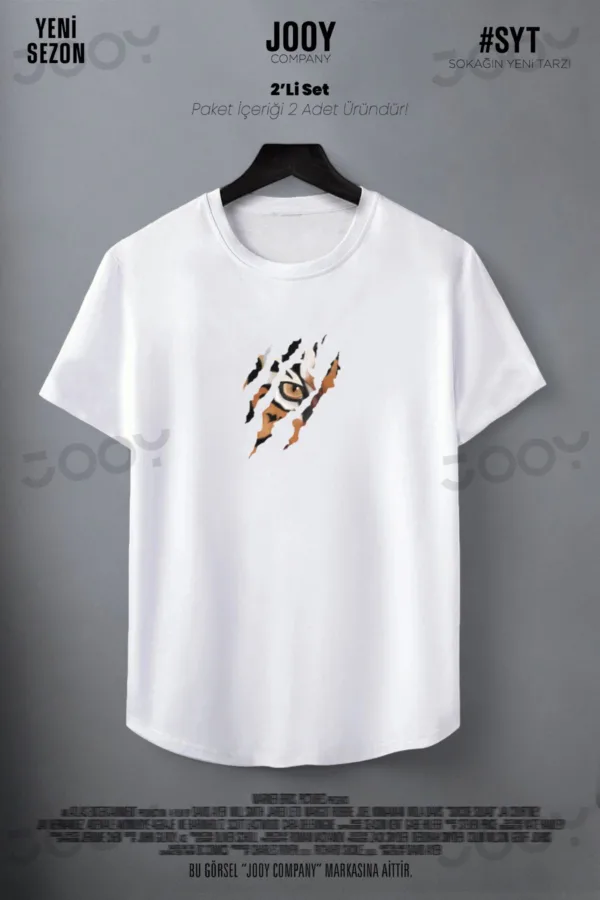 Kaplan Pençesi Baskılı Siyah Beyaz Oval Kesim Slim Fit Tshirt 2'li Set - S-alttext3