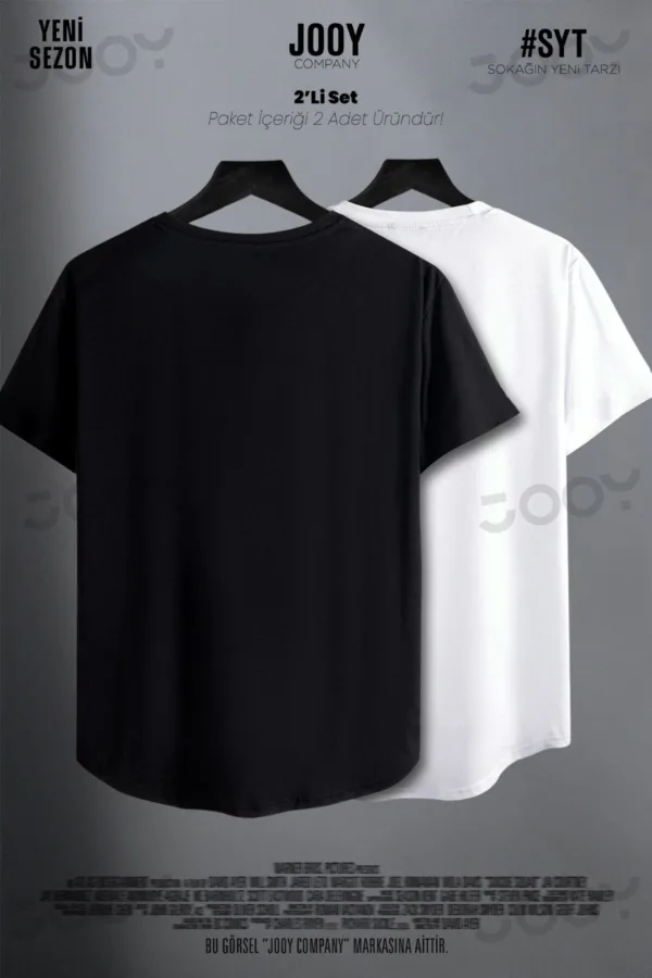 Kaplan Pençesi Baskılı Siyah Beyaz Oval Kesim Slim Fit Tshirt 2'li Set - S-alttext5