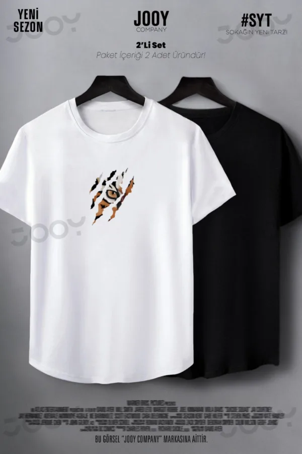 Kaplan Pençesi Baskılı Siyah Beyaz Oval Kesim Slim Fit Tshirt 2'li Set - S-alttext1