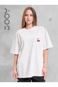 Kiraz Cherry Baskılı Beyaz Oversize Geniş Kalıp T-Shirt-alttext1