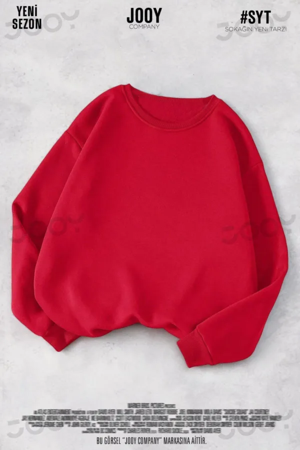 Kırmızı 3 iplik Bisiklet Yaka Düz Baskısız Basic Sweatshirt - L-alttext1