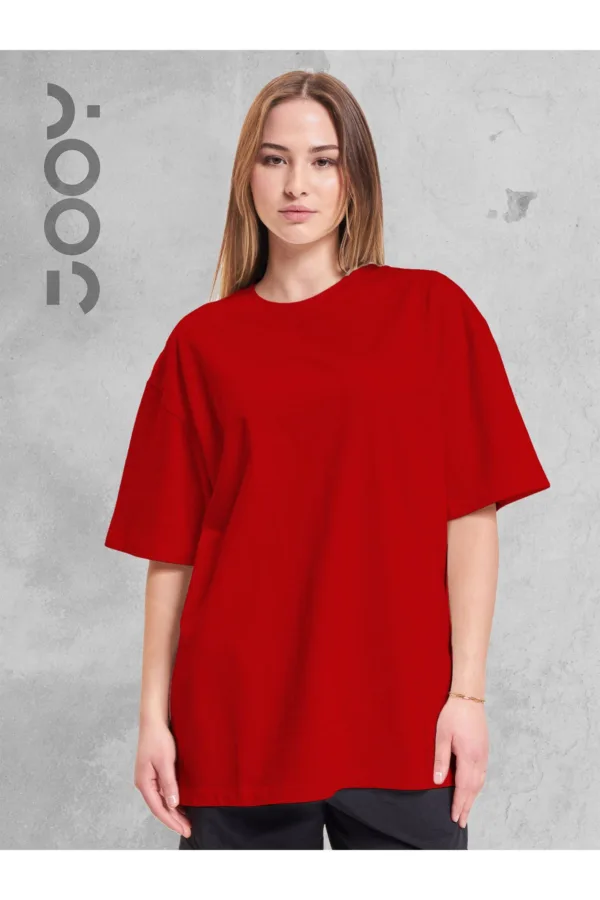 Kırmızı Bisiklet Yaka Oversize Boyfriend Basic Tshirt - L-alttext1