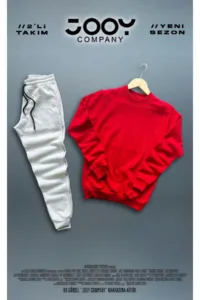 Kırmızı Bisiklet Yaka Sweatshirt Gri Eşofman Altı Takım 2'li Kombin-alttext1