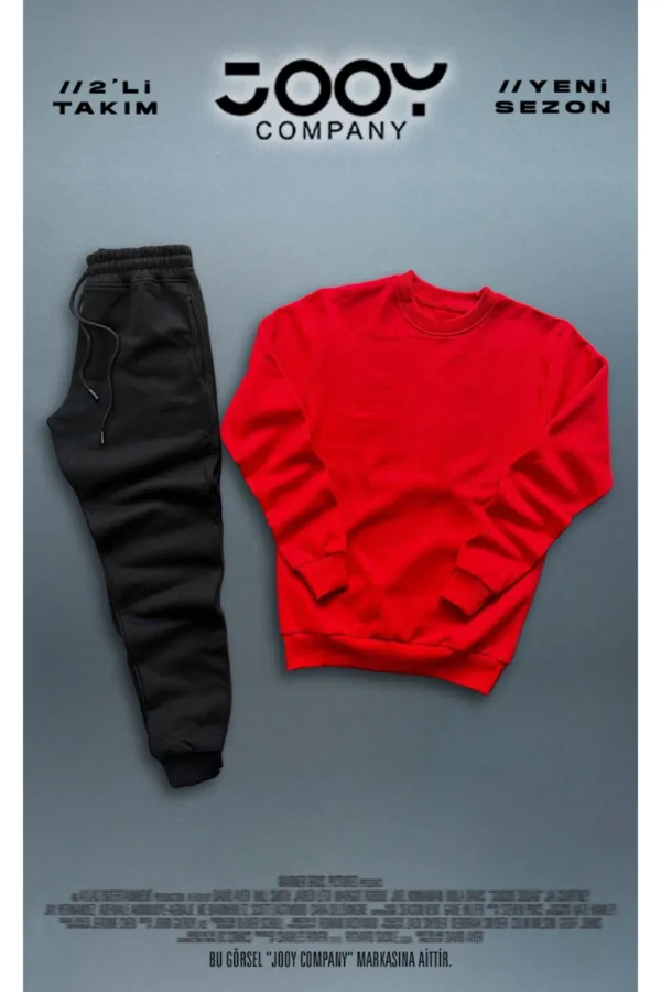 Kırmızı Bisiklet Yaka Sweatshirt Siyah Eşofman Altı Takım 2'li Kombin - L-alttext1