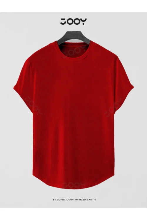 Kırmızı Düz Baskısız Basic Slim Fit Oval Kesim T-Shirt