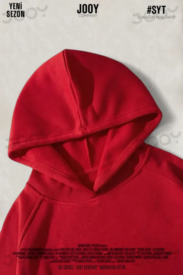 Kırmızı Düz Baskısız Kalın Şardonlu 3 İplik Kapüşonlu Sweatshirt-alttext4