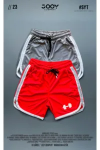 Kırmızı - Gri Dambıl Baskılı Antrenman Fitness Sporcu Şort 2'li Set-alttext1