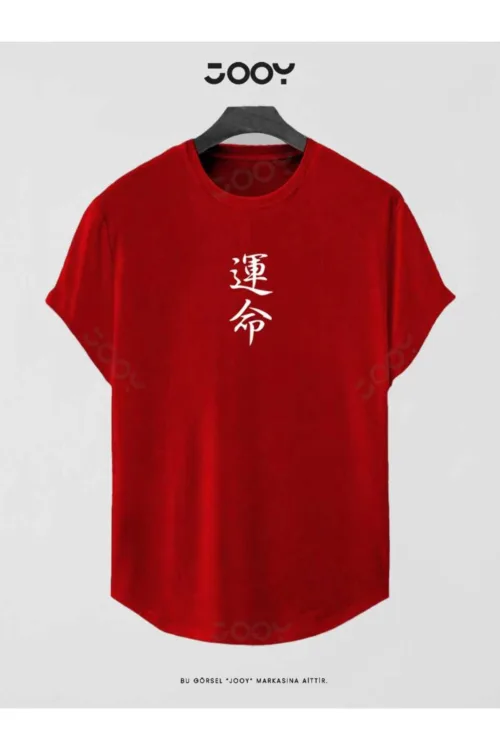 Kırmızı Japan Destiny Baskılı Slim Fit Oval Kesim T-Shirt