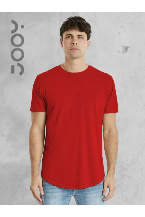Kırmızı Oval Kesim Düz Baskısız Basic Slim Fit Tshirt