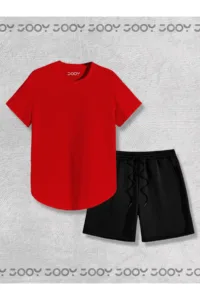 Kırmızı Oval Kesim Tshirt - Siyah Penye Şort 2'li Takım-alttext1