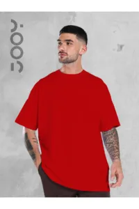 Kırmızı Oversize Geniş Kalıp Düz Baskısız Basic Tshirt-alttext1