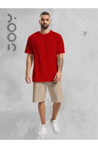 Kırmızı Oversize Tshirt - Bej Penye Şort Takım-alttext1