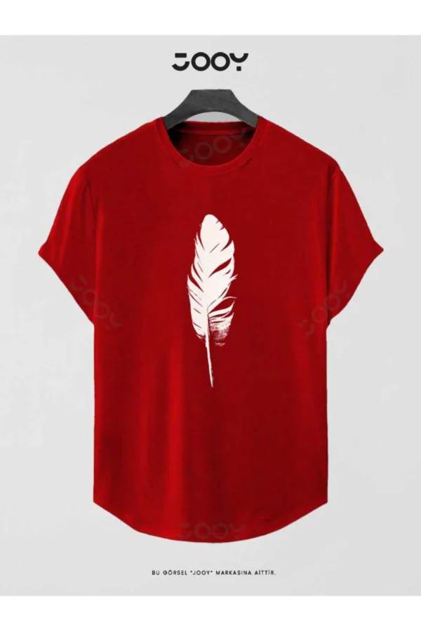 Kırmızı Tüy Baskılı Oval Kesim Slim Fit T-Shirt - XL-alttext1