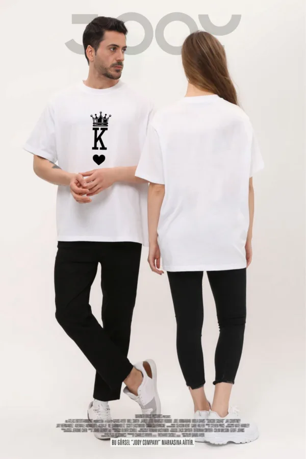 Kral Kraliçe Baskılı Sevgili Çift Kombini Beyaz Oversize Tshirt 2'li Set - XL-alttext3
