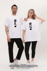 Kral Kraliçe Baskılı Sevgili Çift Kombini Beyaz Oversize Tshirt 2'li Set-alttext1