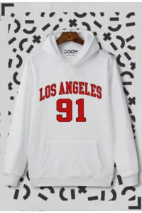 Los Angeles 91 Baskılı Beyaz Kapüşonlu Sweatshirt-alttext1