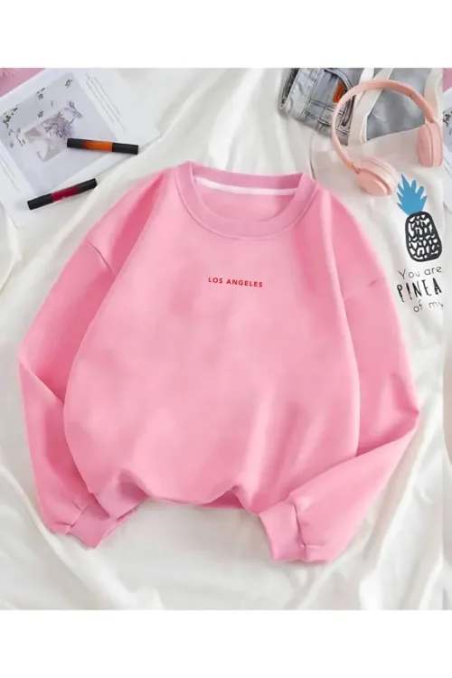 Los Angeles Baskılı Bisiklet Yaka Oversize Sweatshirt