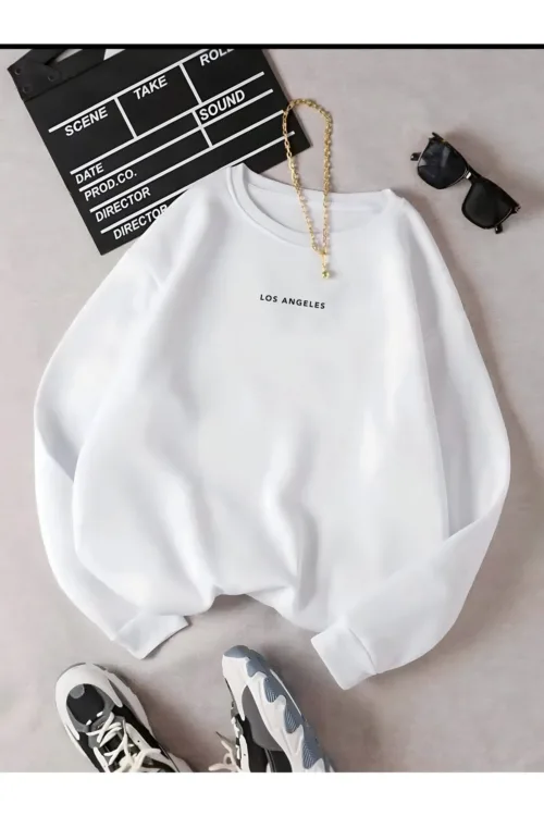 Los Angeles Baskılı Bisiklet Yaka Oversize Sweatshirt