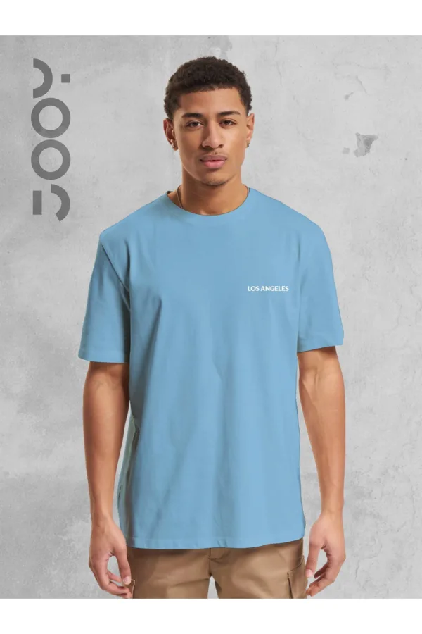 Los Angeles Baskılı Geniş Kalıp Oversize Mavi T-Shirt - L-alttext1