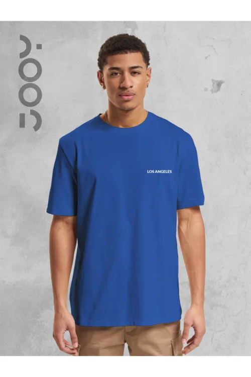 Los Angeles Baskılı Geniş Kalıp Oversize Saks Mavi T-Shirt