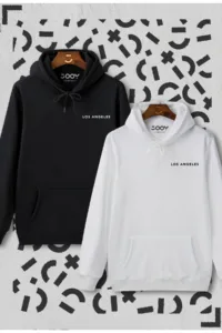 Los Angeles Baskılı Siyah Beyaz Kapüşonlu Sweatshirt Avantaj Paketi 2'li Set-alttext1