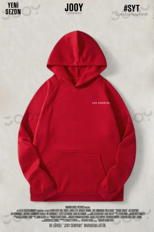 Los Angeles Kırmızı 3 İplik Kapüşonlu Sweatshirt Hoodie