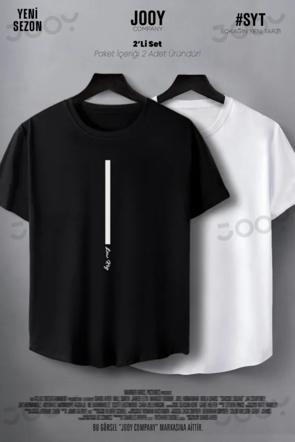 Low Key Baskılı Siyah Beyaz Oval Kesim Slim Fit Tshirt 2'li Set - S-alttext1