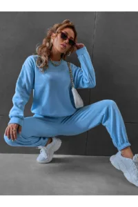 Mavi Bisiklet Yaka Sweatshirt Mavi Alt 3 İplik Kadın Eşofman Takımı-alttext1