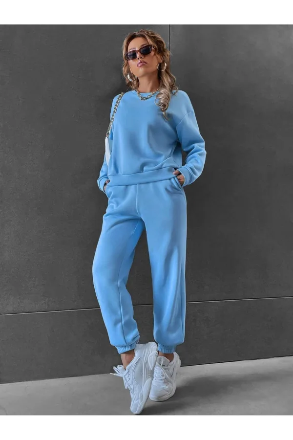Mavi Bisiklet Yaka Sweatshirt Mavi Alt 3 İplik Kadın Eşofman Takımı - L-alttext4