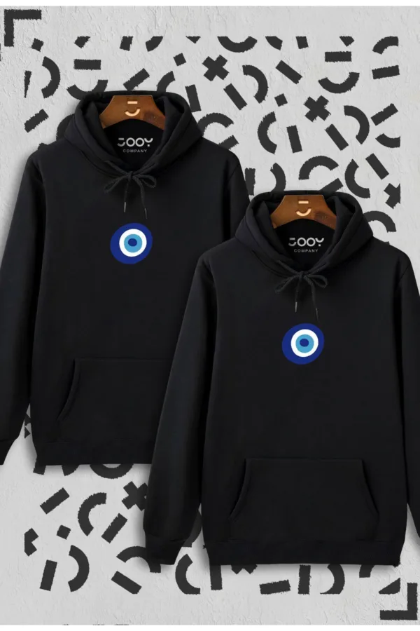 Nazar Boncuğu Tasarım Sevgili Çift Kombini Siyah Kapüşonlu Sweatshirt - M/XL-alttext3